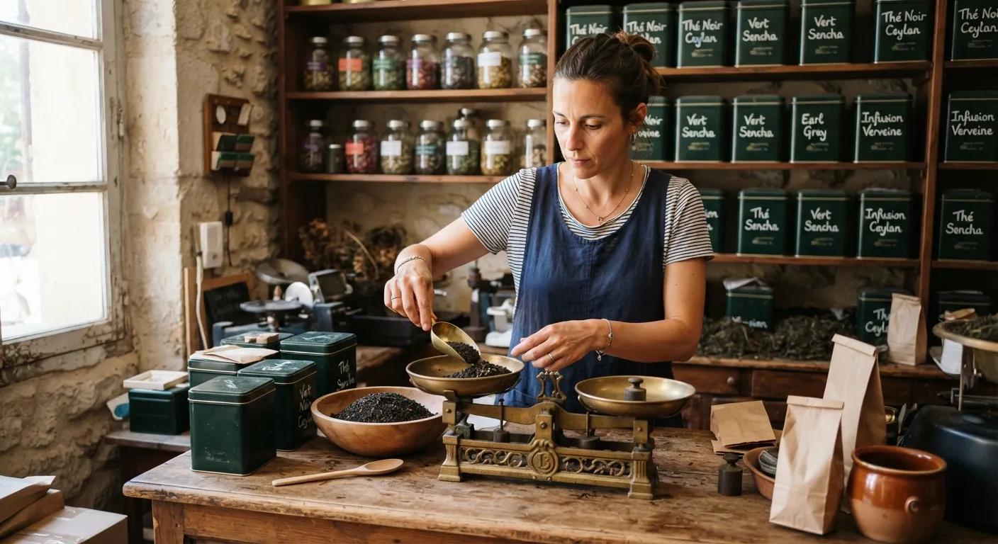 Pesée du thé en vrac dans l'atelier Comptoir Brume à Annecy